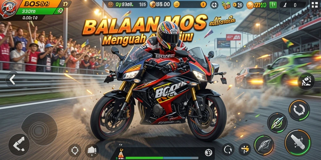 Screenshot menampilkan aksi balapan motor yang intens di <strong>BOS88</strong>.