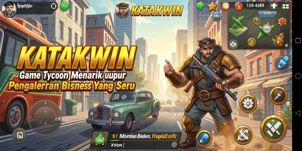 Tampilan menarik gameplay KATAKWIN yang menggambarkan interaksi bisnis.